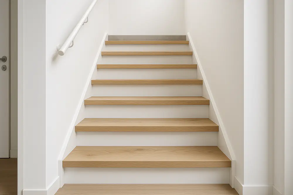 Betonnen trap in een maisonnette, bekleed met lichte treden en witte stootborden