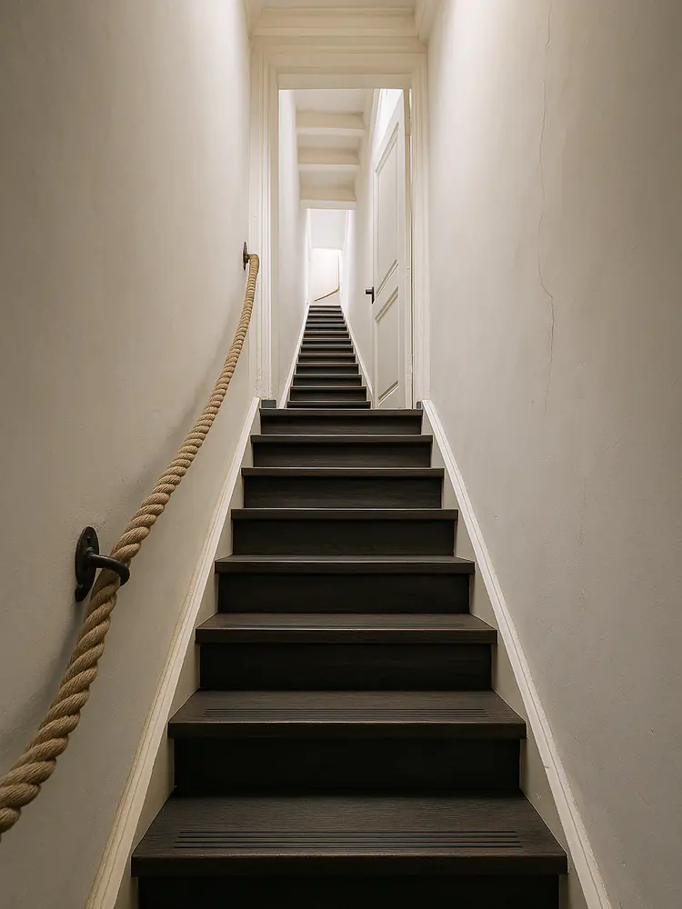 Steile smalle trap in een oud stadspand met nieuwe treden en antislipgroeven