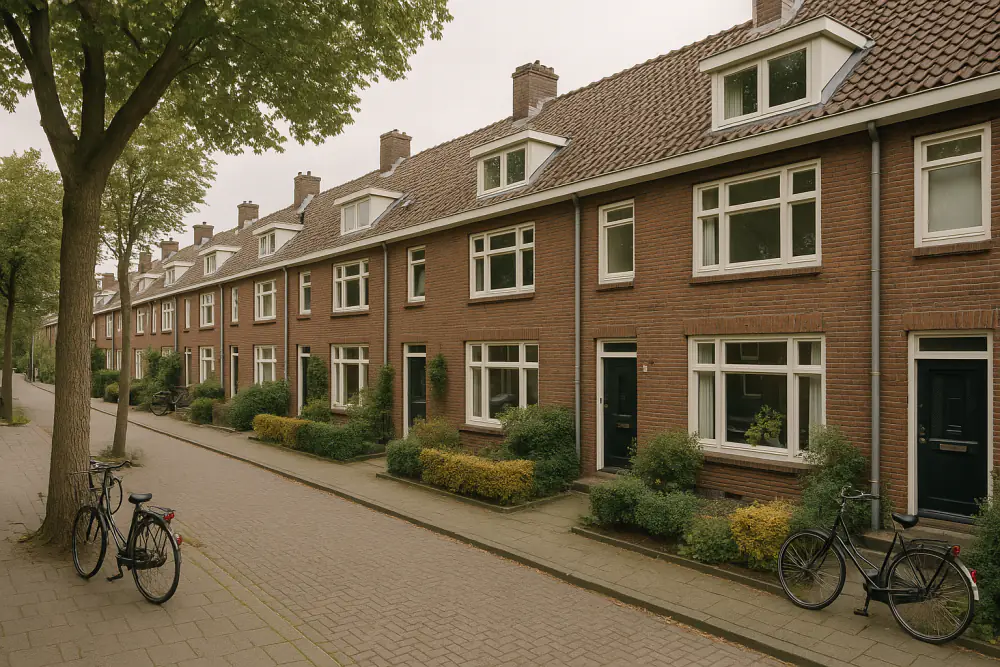 Straat met bakstenen jaren-dertigwoningen in Noord-Holland